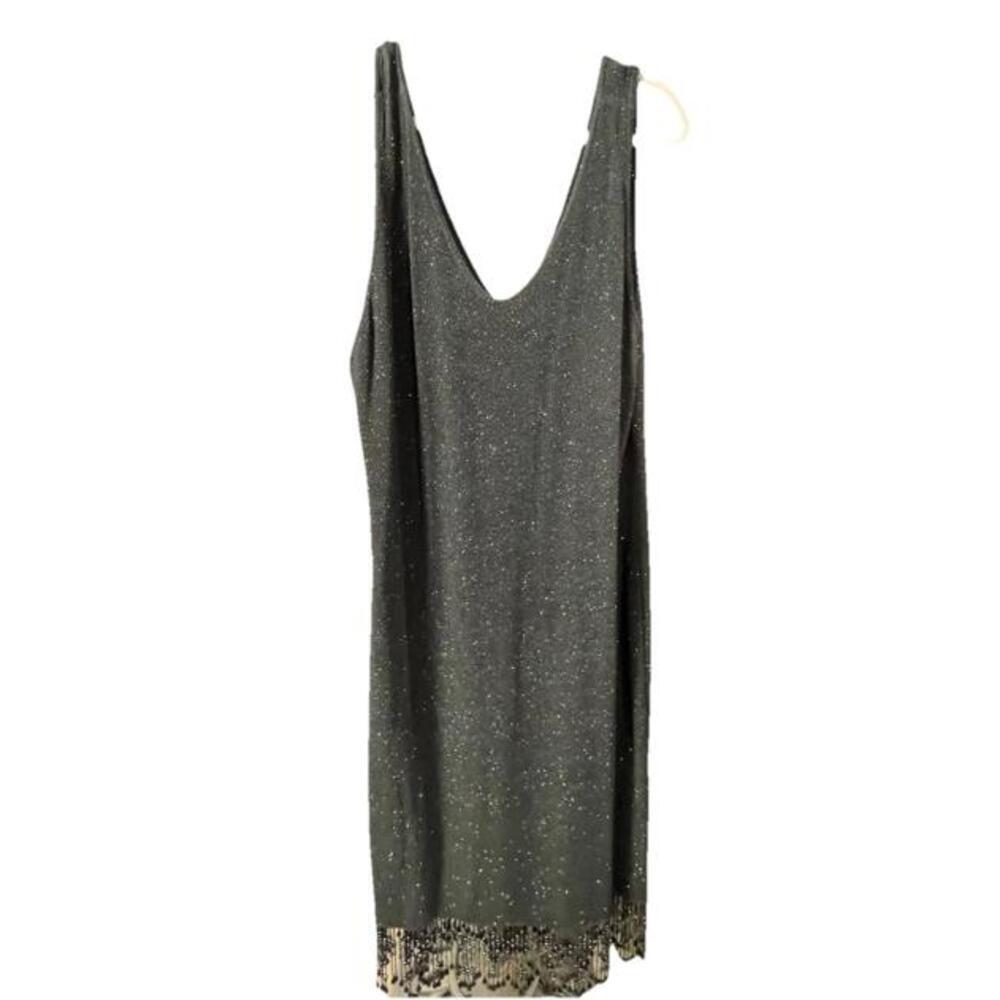 Jeffrey & Dara Evenings by Tom Barra Black Shimmery Dress Beaded Fringe Hem 22W